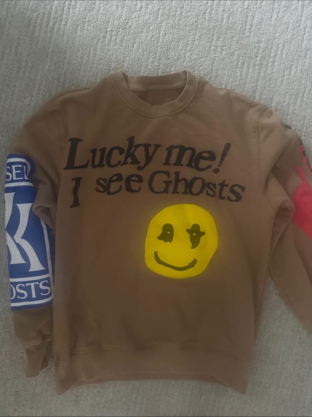 Brown 'Lucky me! I see Ghosts' Graphic Crewneck Sweater small